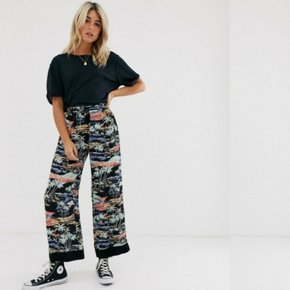 Free People Black Tropical Lagoon Print Wide-Leg Pants